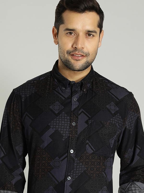 Indian Terrain Men's Slim Fit Full Sleeve All Over Print Navy Shirt
